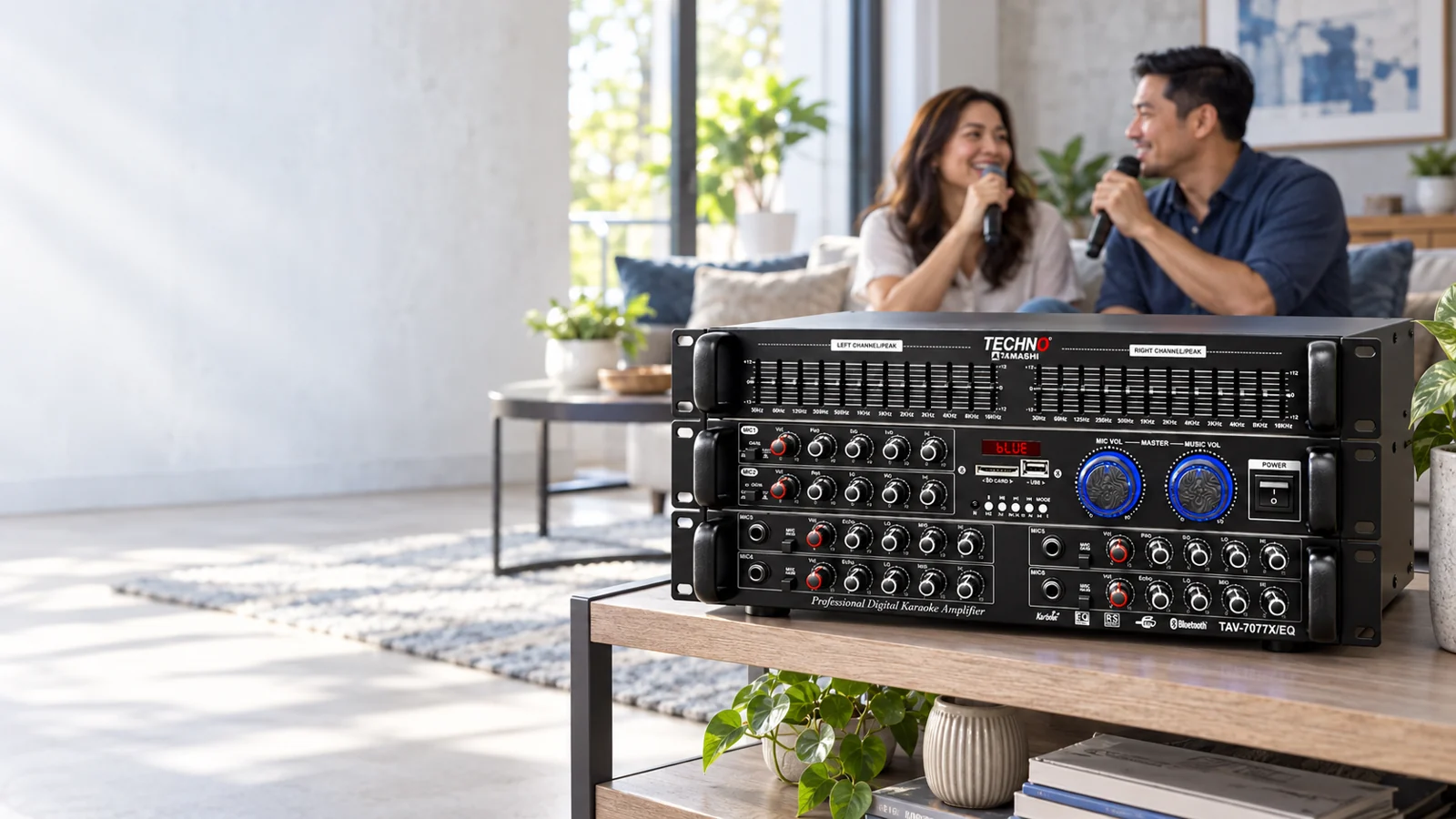 TAV-7077X/EQ amplifier in a home karaoke setting