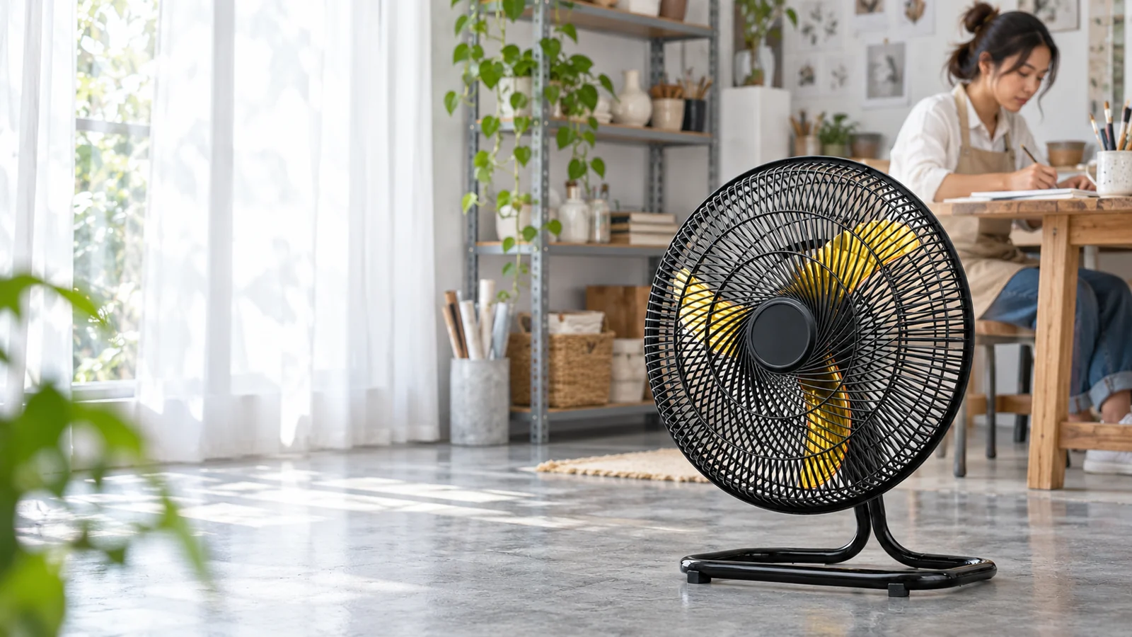 TGF-108 ground fan in a bright home craft space