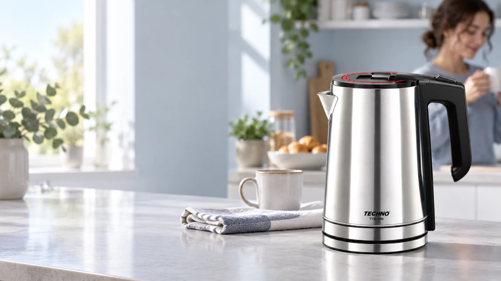 TTK-19B stainless steel kettle in a bright breakfast nook