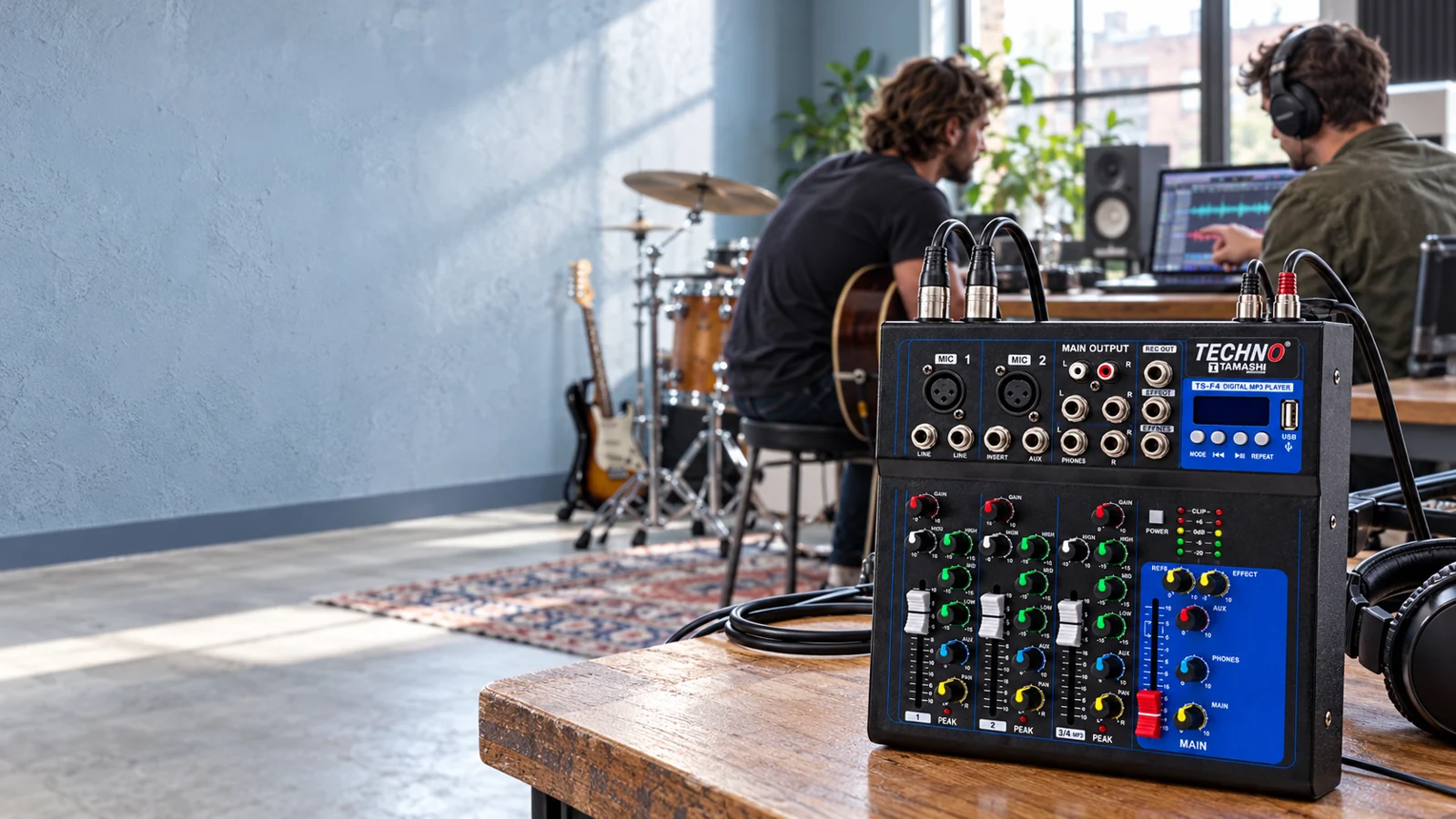 TS-F4 audio mixer in a music rehearsal studio