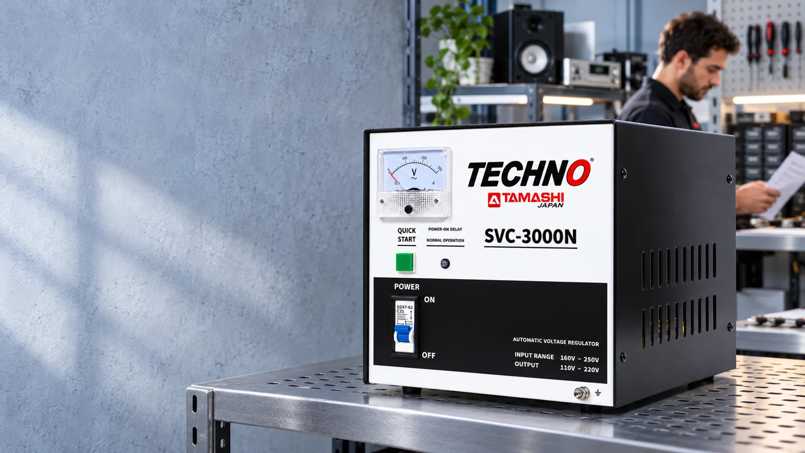 SVC-3000N voltage regulator on an open equipment shelf