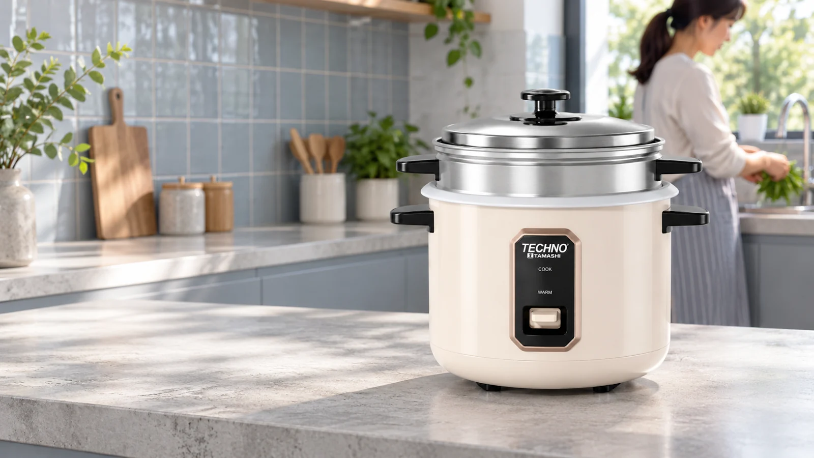 TRC-10 rice cooker with steamer in a bright kitchen
