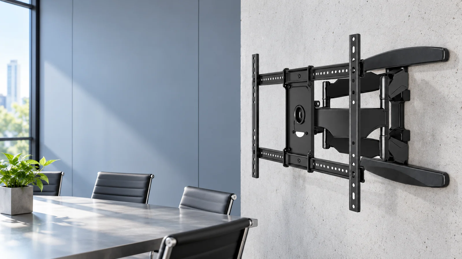 Articulated television wall mount in a modern meeting room